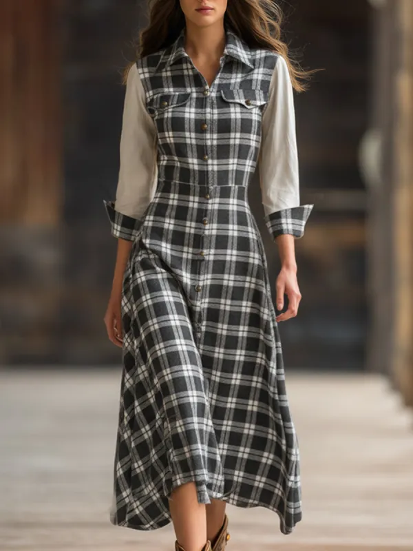 Trendy Retro Black And White Checkered Patchwork White Long-sleeved Midi Dress sold by Oyrosy