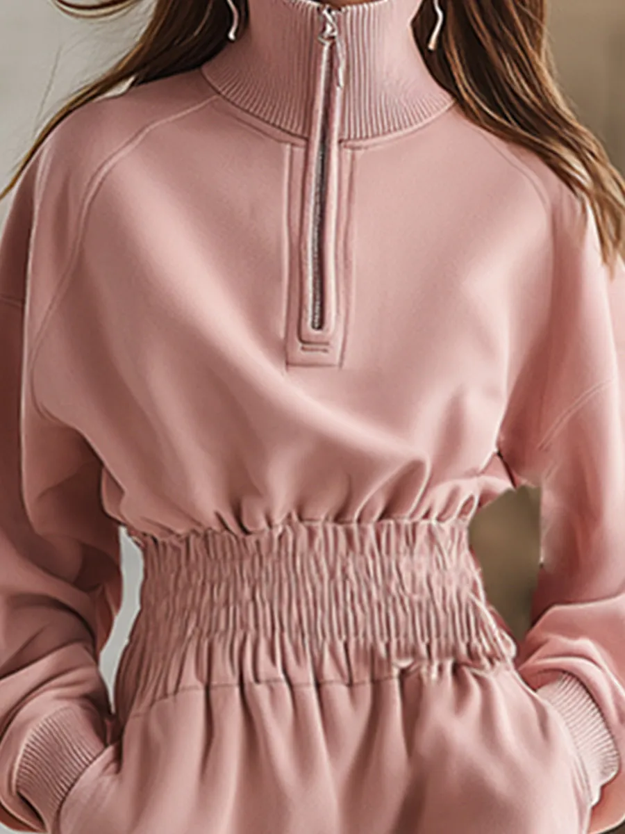 Casual Sporty Warm Fleece-lined Pink Turtleneck Half-zip Sweatshirt Midi Dress sold by Oyrosy product image thumbnail 3