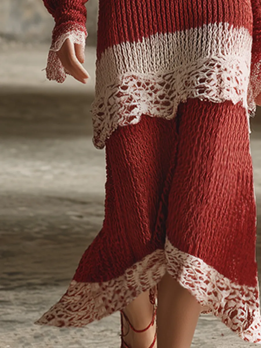 Classic Retro Christmas Red Knitted Lace-trimmed Maxi Dress sold by Oyrosy product image thumbnail 4