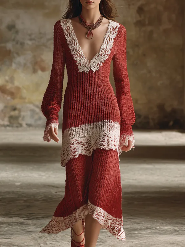 Classic Retro Christmas Red Knitted Lace-trimmed Maxi Dress sold by Oyrosy