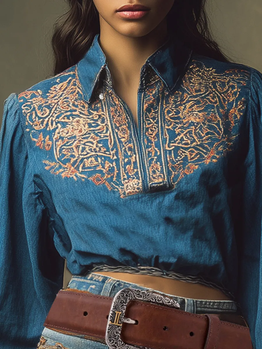 Casual Retro Collared Embroidered Blue Denim Shirt sold by Oyrosy product image thumbnail 3