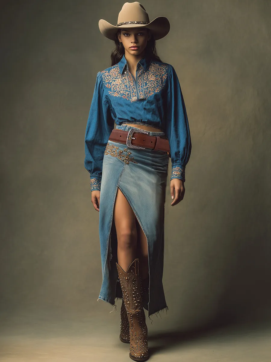 Casual Retro Collared Embroidered Blue Denim Shirt sold by Oyrosy product image thumbnail 2