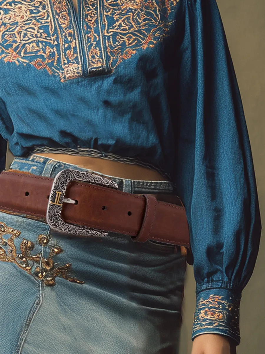 Casual Retro Collared Embroidered Blue Denim Shirt sold by Oyrosy product image thumbnail 4