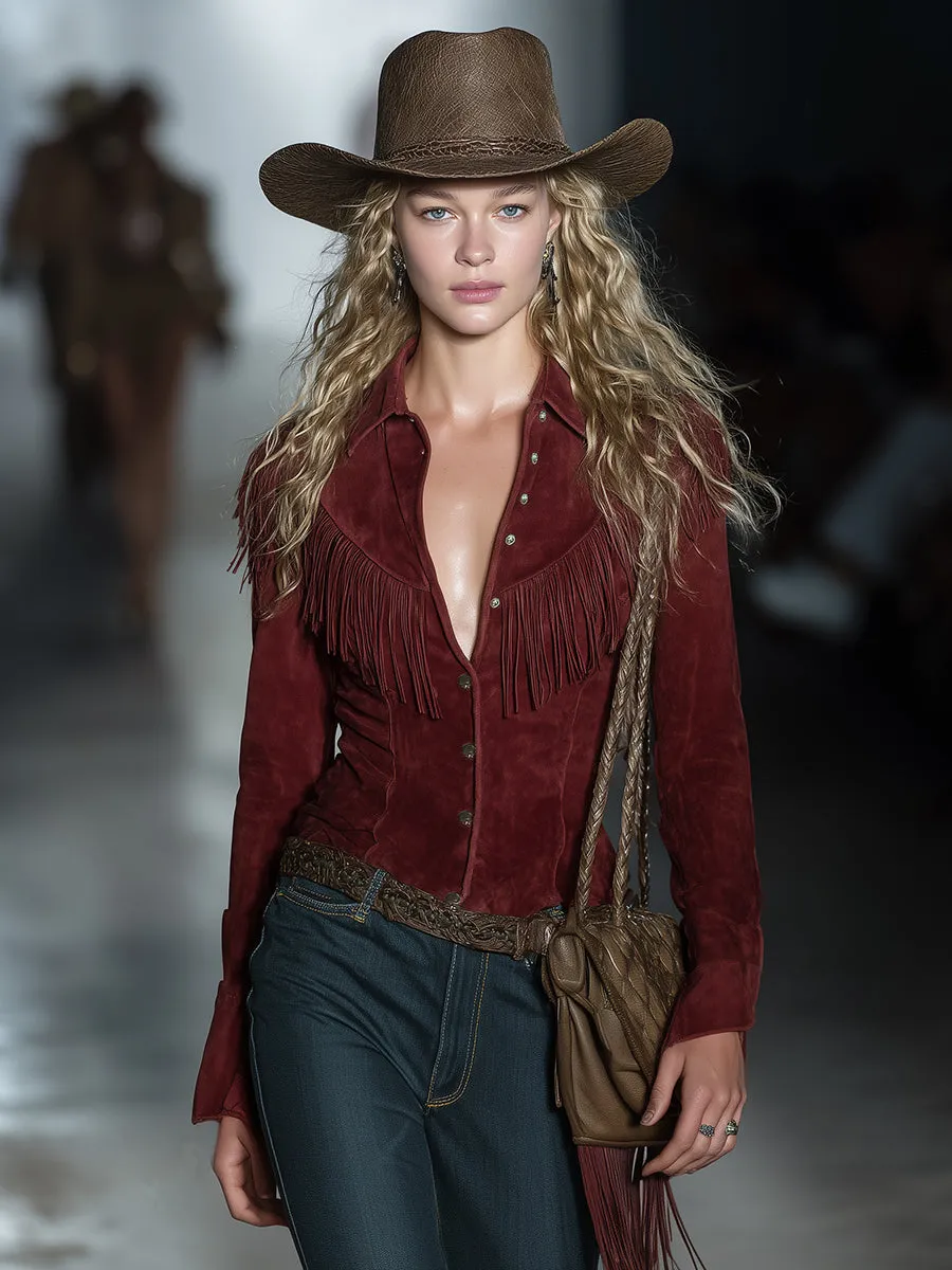 Retro-style Deep Red Faux Suede Tassel Shirt sold by Oyrosy product image thumbnail 2