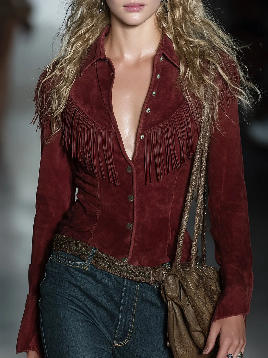 Retro-style Deep Red Faux Suede Tassel Shirt sold by Oyrosy
