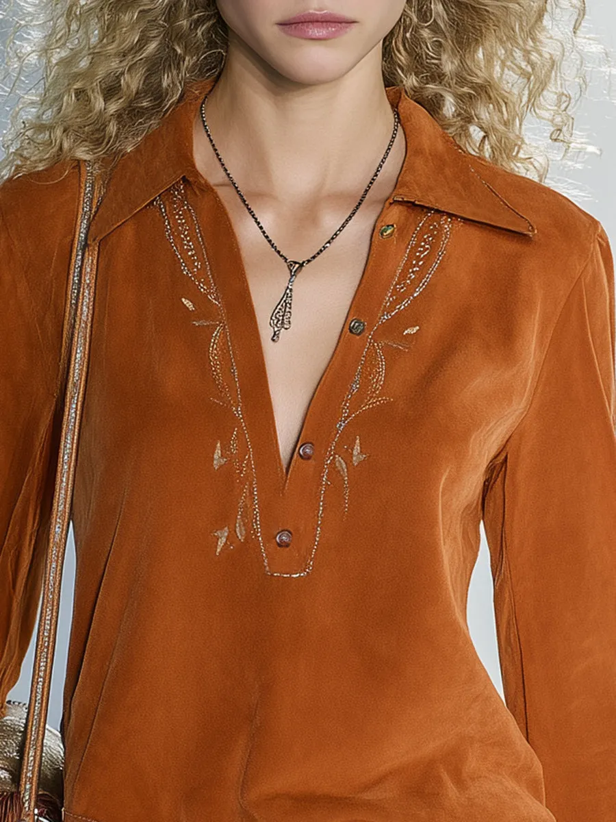 Fashionable Retro V-neck Orange Faux Suede Long-sleeved Tassel Shirt sold by Oyrosy product image thumbnail 3