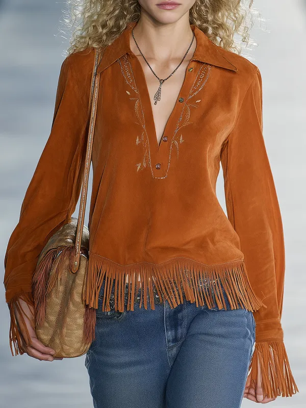 Fashionable Retro V-neck Orange Faux Suede Long-sleeved Tassel Shirt sold by Oyrosy