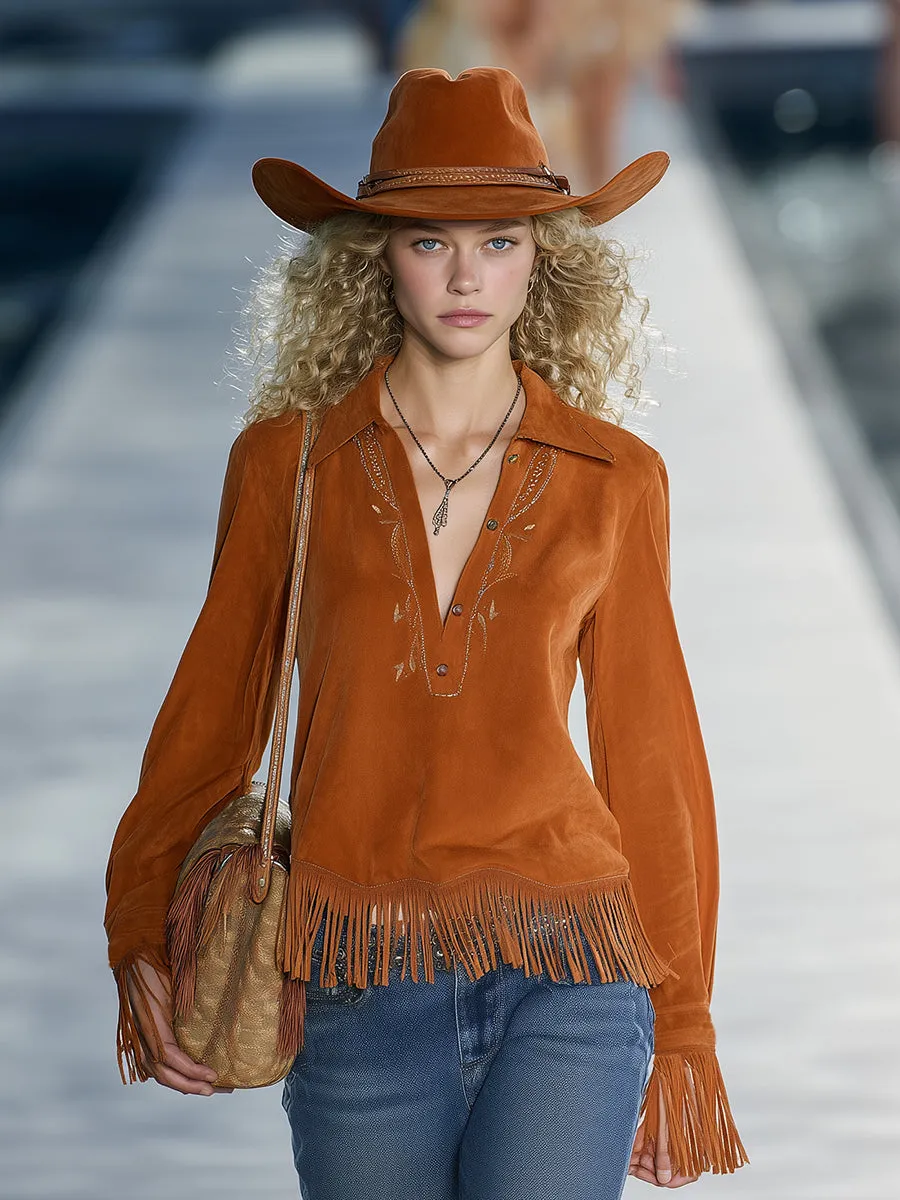 Fashionable Retro V-neck Orange Faux Suede Long-sleeved Tassel Shirt sold by Oyrosy product image thumbnail 2