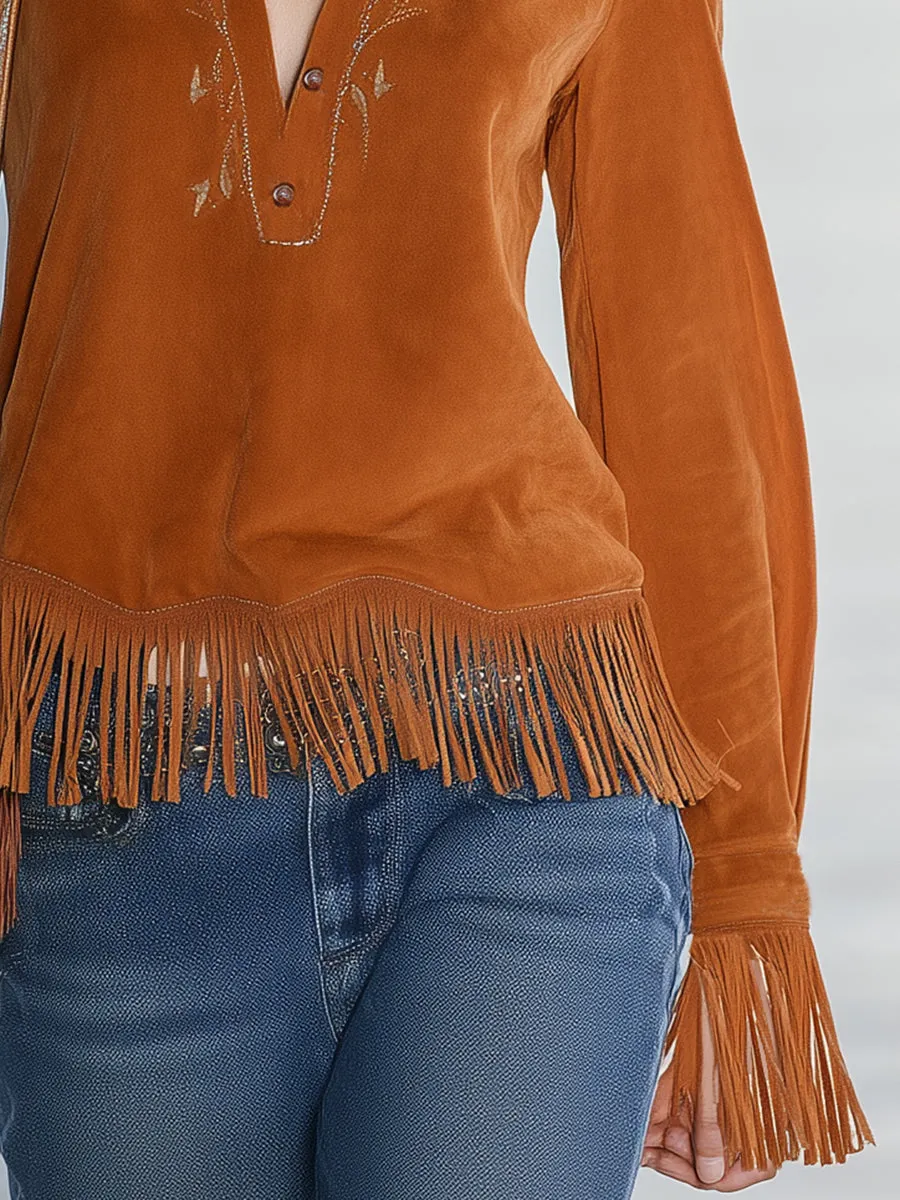 Fashionable Retro V-neck Orange Faux Suede Long-sleeved Tassel Shirt sold by Oyrosy product image thumbnail 4