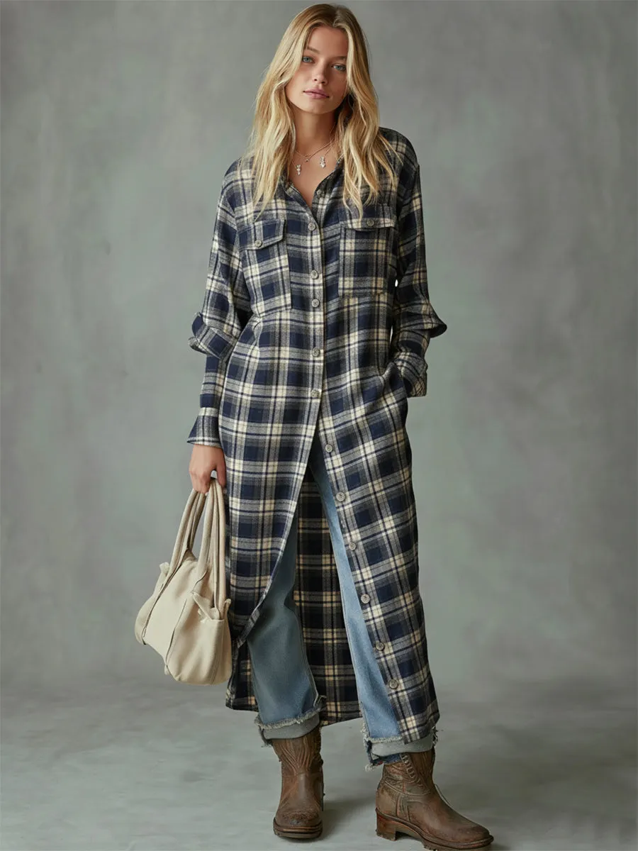Casual Retro Collared Blue And Beige Plaid Maxi Dress sold by Oyrosy product image thumbnail 2
