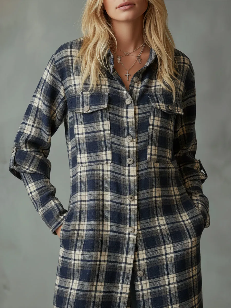 Casual Retro Collared Blue And Beige Plaid Maxi Dress sold by Oyrosy product image thumbnail 3