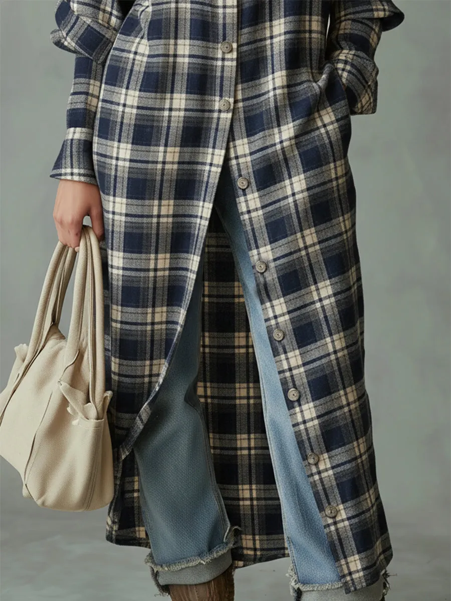 Casual Retro Collared Blue And Beige Plaid Maxi Dress sold by Oyrosy product image thumbnail 4