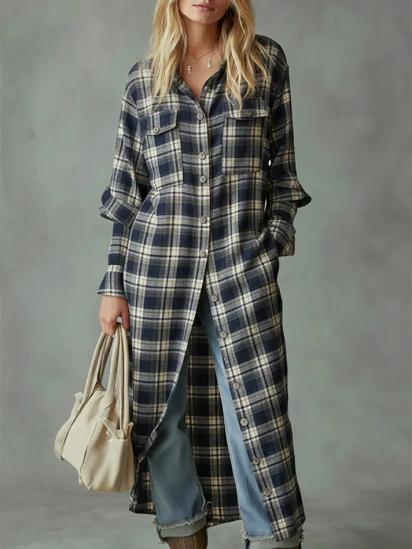 Casual Retro Collared Blue And Beige Plaid Maxi Dress sold by Oyrosy