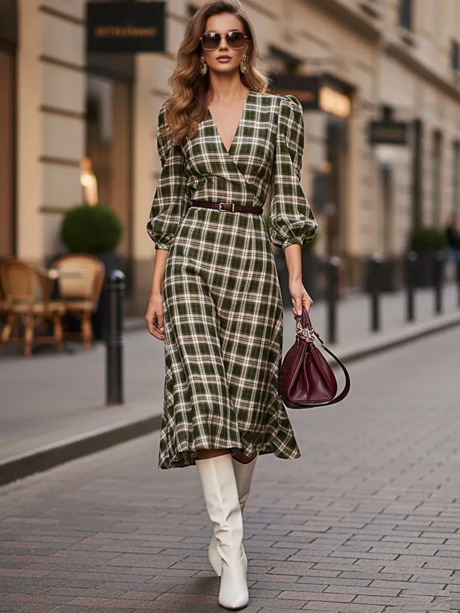 Casual And Stylish Green And White Checkered V-neck Midi Dress sold by Oyrosy product image thumbnail 2