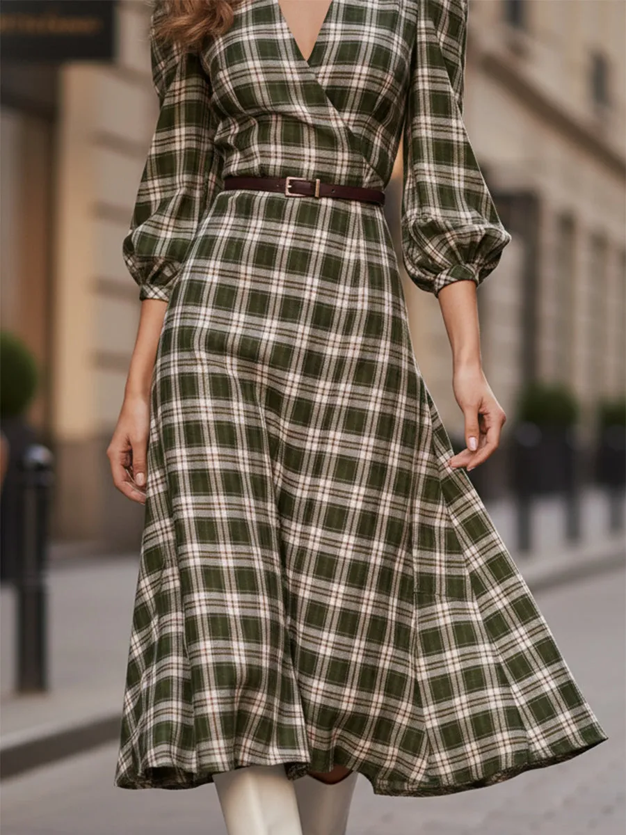 Casual And Stylish Green And White Checkered V-neck Midi Dress sold by Oyrosy product image thumbnail 4