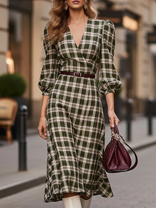 Casual And Stylish Green And White Checkered V-neck Midi Dress sold by Oyrosy