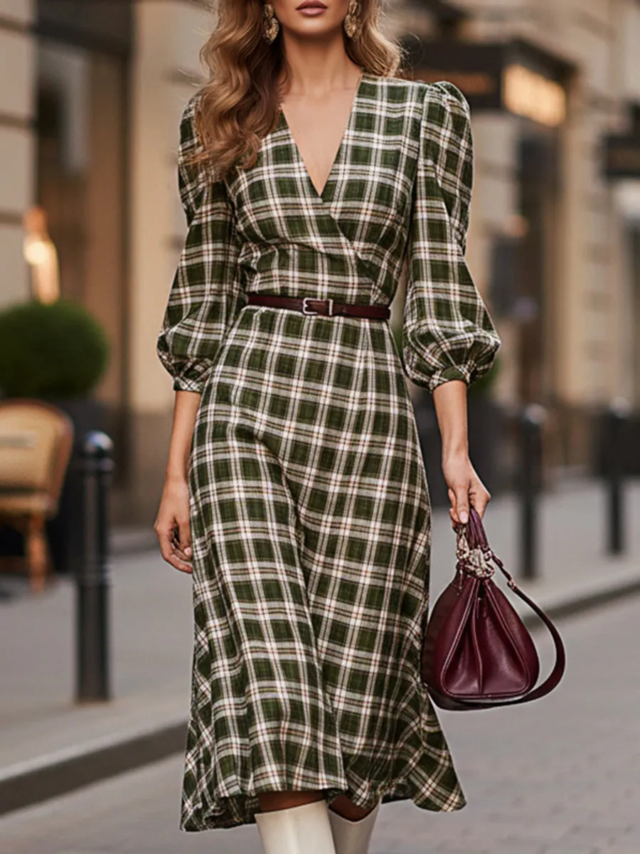 Casual And Stylish Green And White Checkered V-neck Midi Dress sold by Oyrosy
