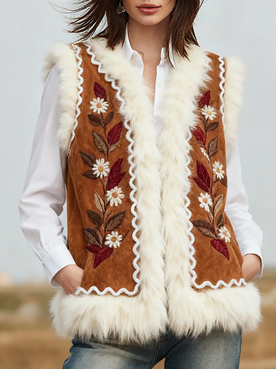Elegant Western Retro Embroidered Faux Suede Vest sold by Oyrosy