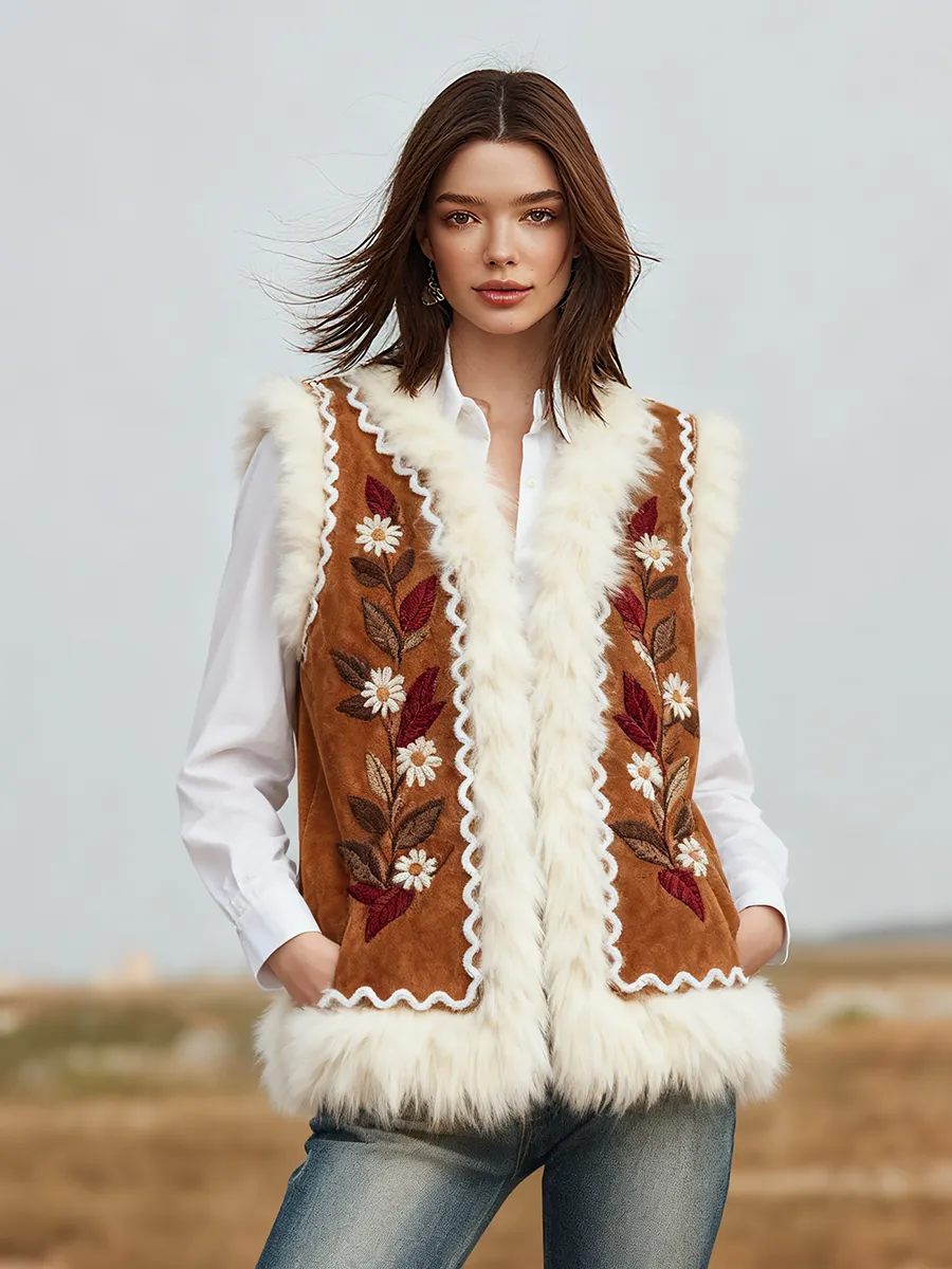 Elegant Western Retro Embroidered Faux Suede Vest sold by Oyrosy product image thumbnail 2