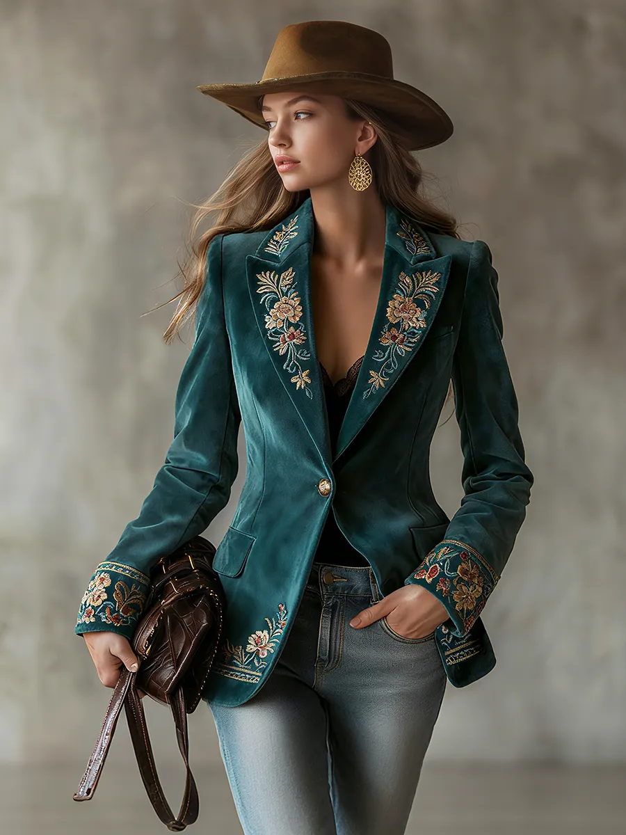 Elegant Western-style Retro Embroidered Faux Suede Blazer sold by Oyrosy product image thumbnail 2