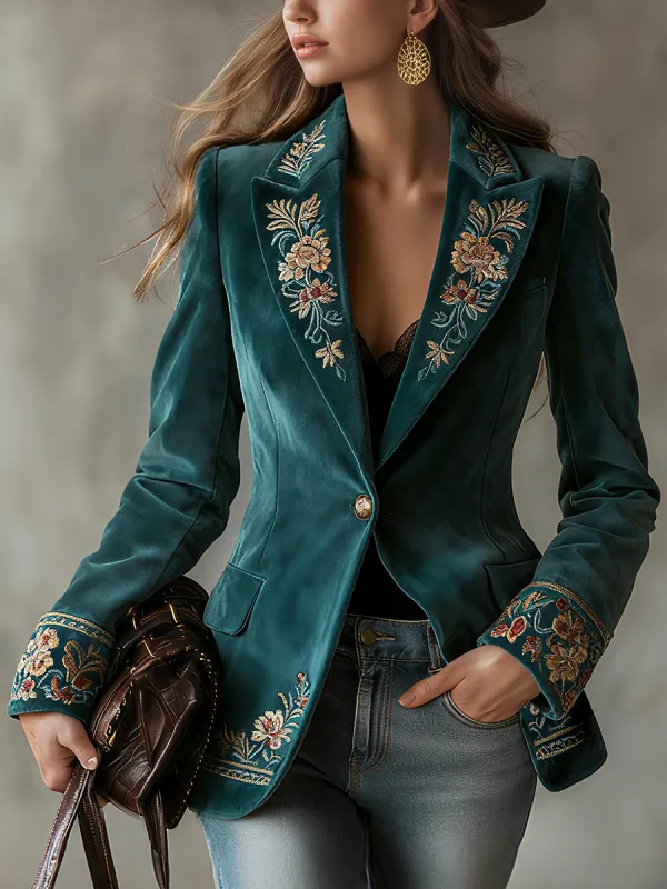 Elegant Western-style Retro Embroidered Faux Suede Blazer sold by Oyrosy