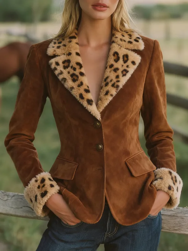Retro Western Style Leopard Print Sherpa Lapel Faux Suede Blazer sold by Oyrosy