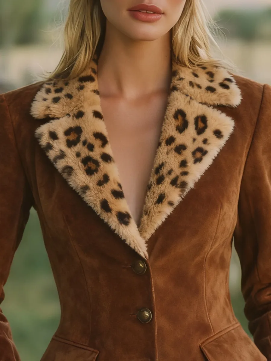 Retro Western Style Leopard Print Sherpa Lapel Faux Suede Blazer sold by Oyrosy product image thumbnail 3