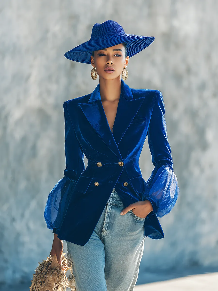 Urban Elegance Double-Breasted Velvet Blazer sold by Oyrosy product image thumbnail 2