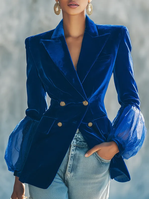 Urban Elegance Double-Breasted Velvet Blazer sold by Oyrosy