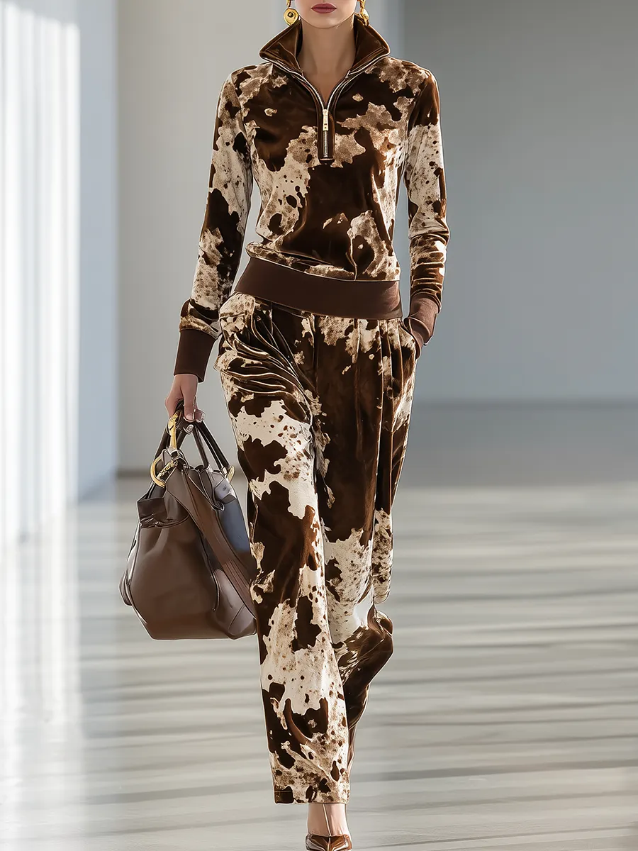 Stylish Retro Cow Print Velvet Top And Wide-leg Pants Set sold by Oyrosy