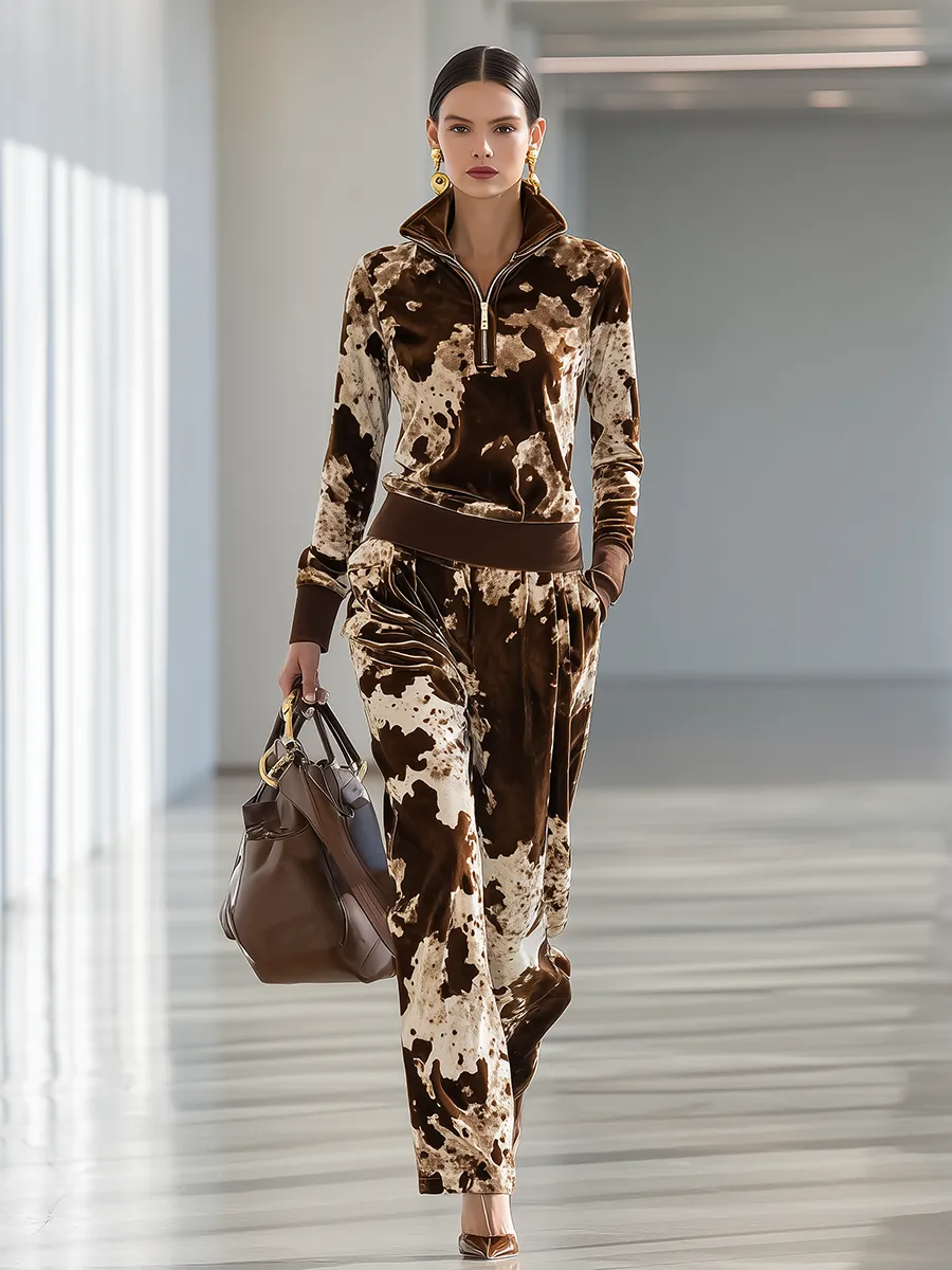 Stylish Retro Cow Print Velvet Top And Wide-leg Pants Set sold by Oyrosy product image thumbnail 2