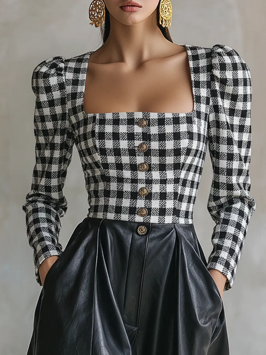 Stylish Retro Plaid Patchwork Faux Leather A-line Maxi Dress sold by Oyrosy product image thumbnail 3