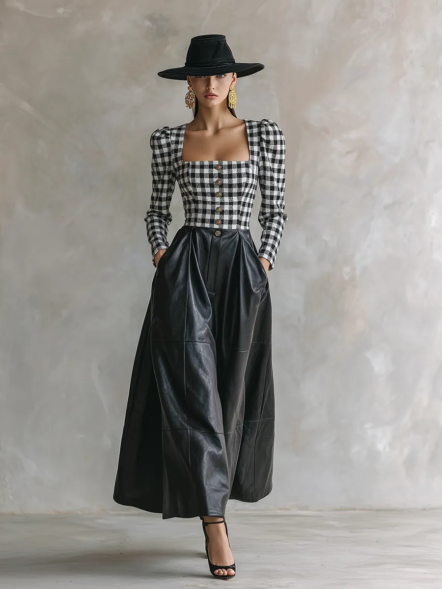 Stylish Retro Plaid Patchwork Faux Leather A-line Maxi Dress sold by Oyrosy product image thumbnail 2