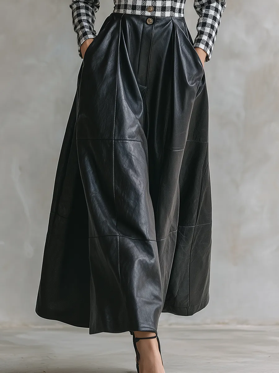 Stylish Retro Plaid Patchwork Faux Leather A-line Maxi Dress sold by Oyrosy product image thumbnail 4