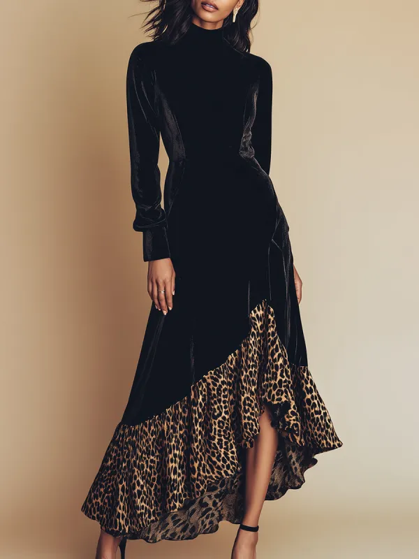 High-end Western-style Irregular Leopard Print Hem Black Velvet Maxi Dress sold by Oyrosy