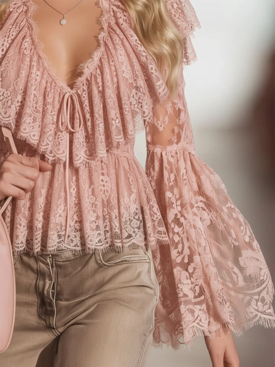 Elegant And Romantic V-neck Ruffled Bell Sleeve Pink Lace Shirt sold by Oyrosy product image thumbnail 5