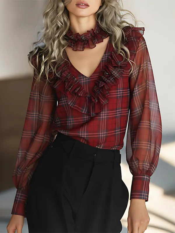 Retro-chic Red Plaid Ruffles Chiffon Shirt sold by Oyrosy