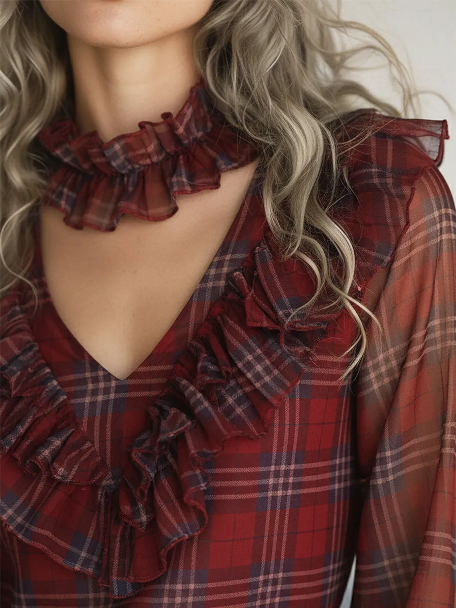 Retro-chic Red Plaid Ruffles Chiffon Shirt sold by Oyrosy product image thumbnail 4