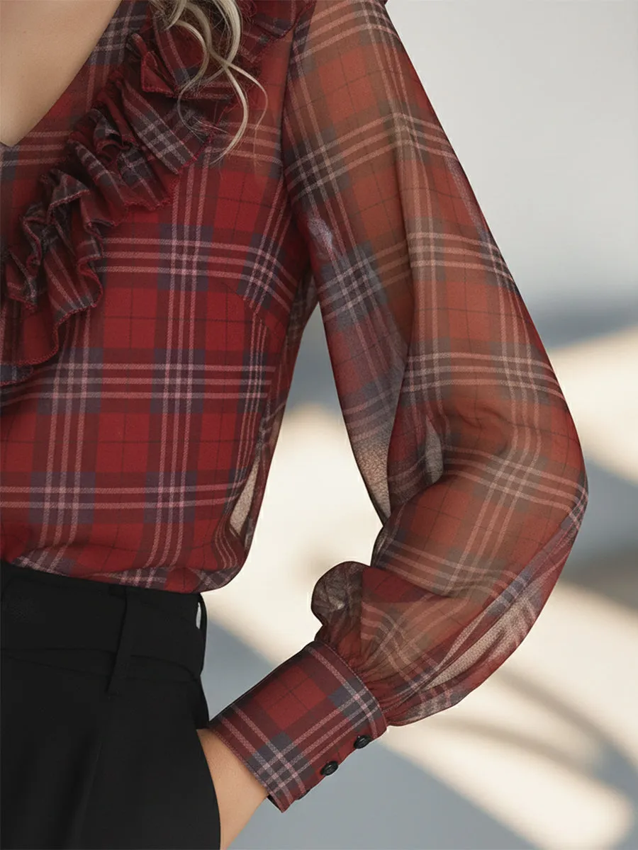 Retro-chic Red Plaid Ruffles Chiffon Shirt sold by Oyrosy product image thumbnail 5