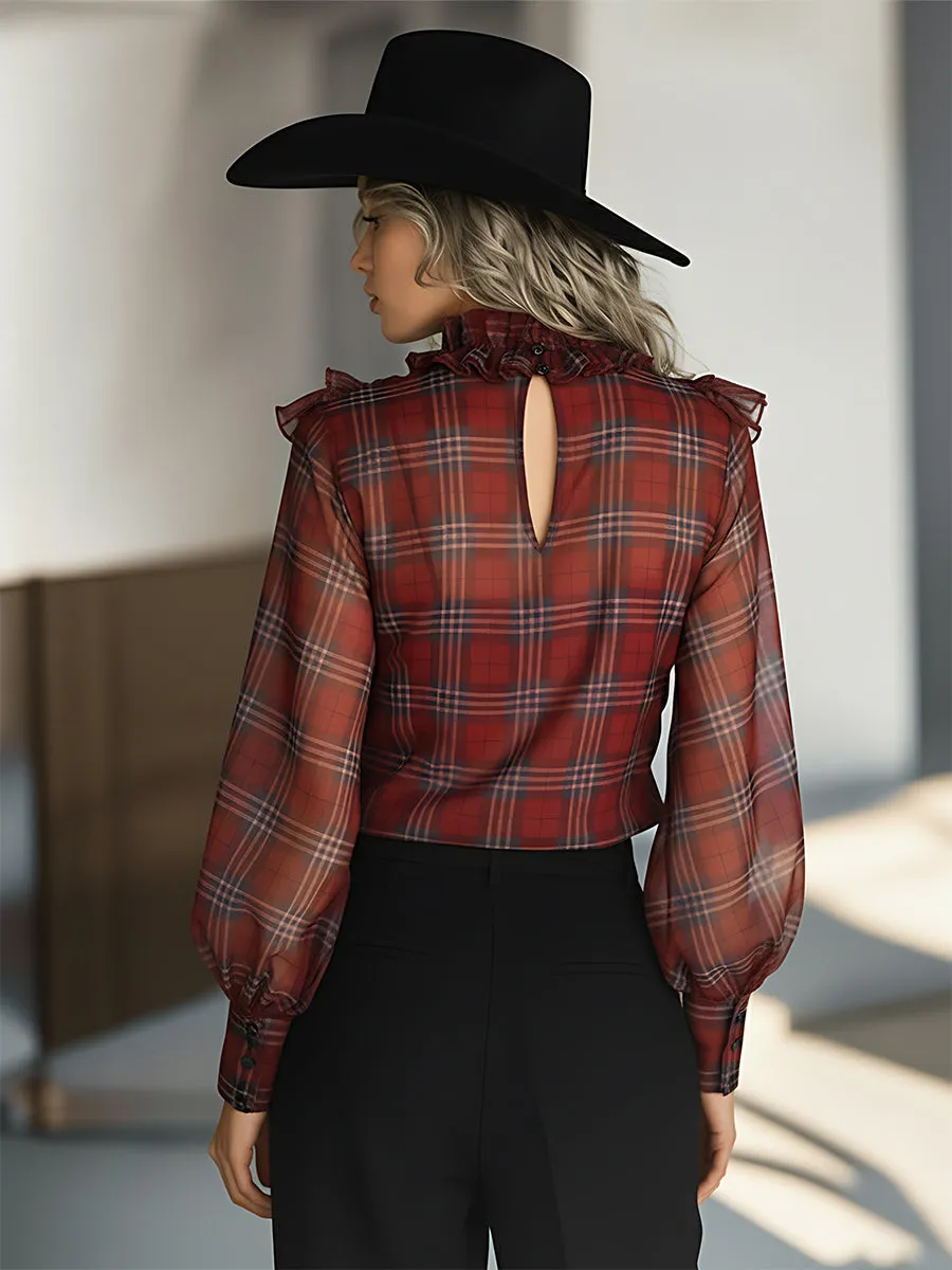 Retro-chic Red Plaid Ruffles Chiffon Shirt sold by Oyrosy product image thumbnail 2