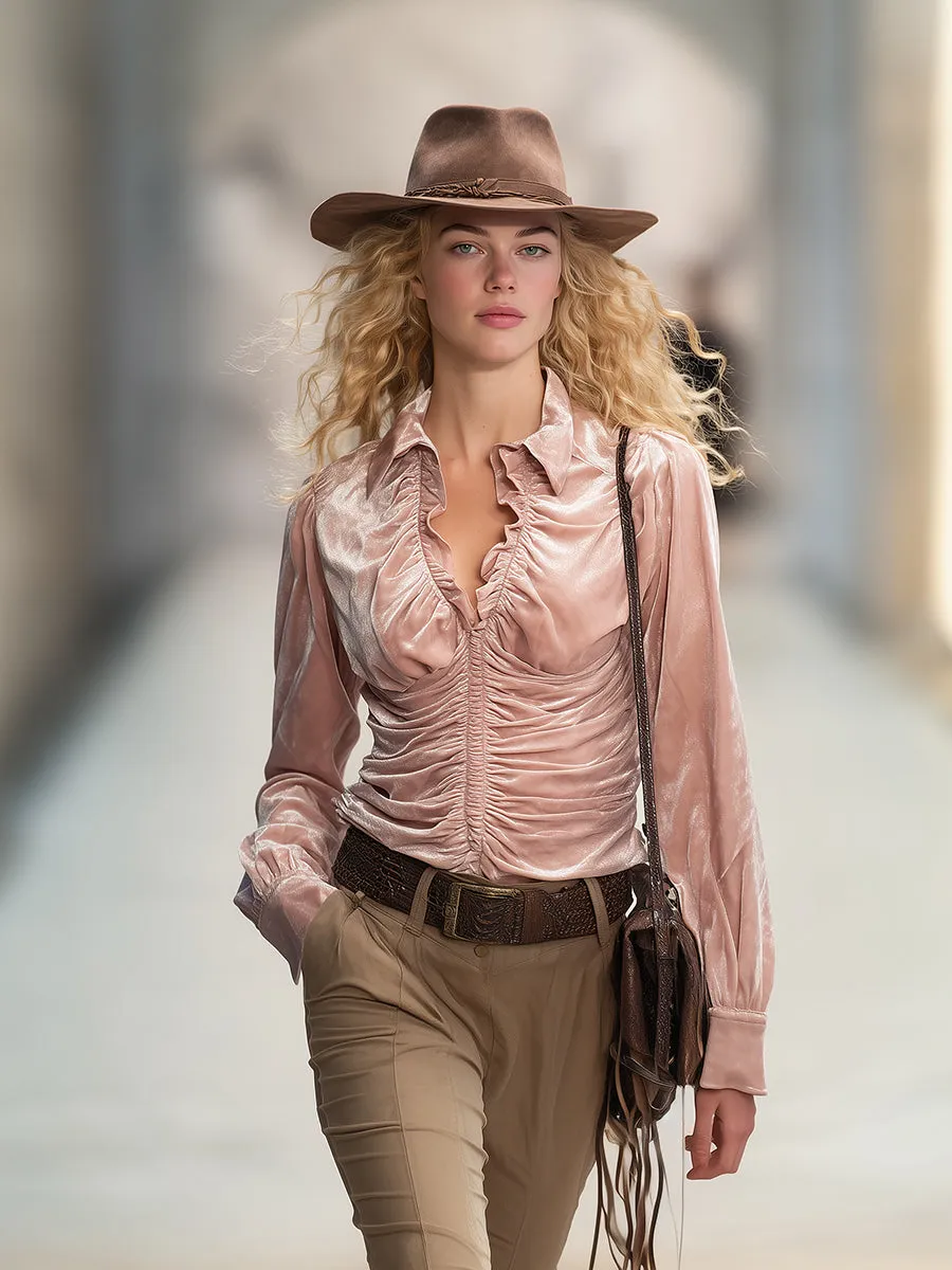 Retro V-neck Ruffled Pink Velvet Shirt sold by Oyrosy product image thumbnail 2