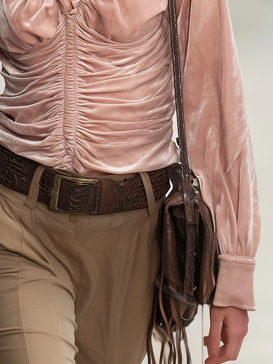 Retro V-neck Ruffled Pink Velvet Shirt sold by Oyrosy product image thumbnail 4