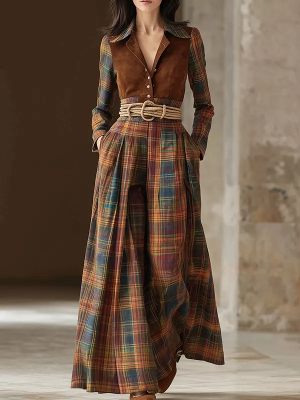 Retro-elegant Ethnic-style Brown-red Plaid Print Faux Suede Maxi Dress sold by Oyrosy