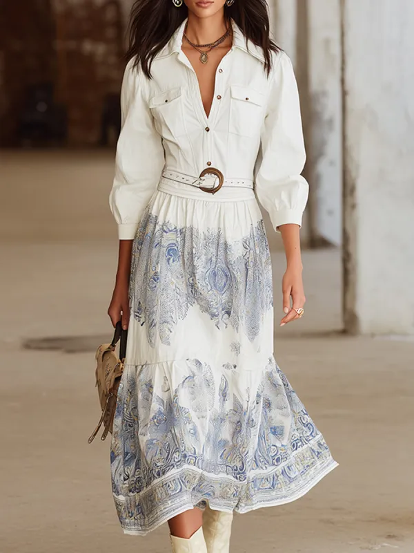 Retro Bohemian Collared White Color-blocked Printed Maxi Dress sold by Oyrosy