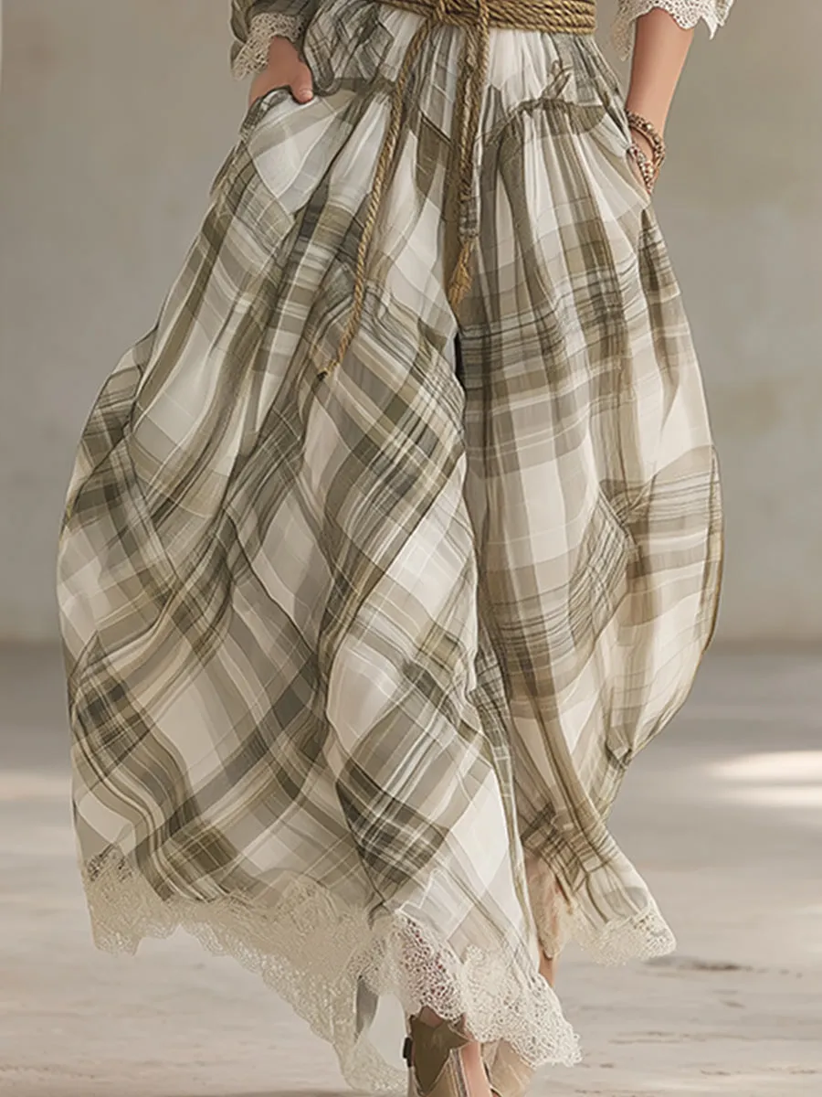 Retro-chic Pastoral Light Green Plaid Lace-trimmed Chiffon Maxi Dress sold by Oyrosy product image thumbnail 4