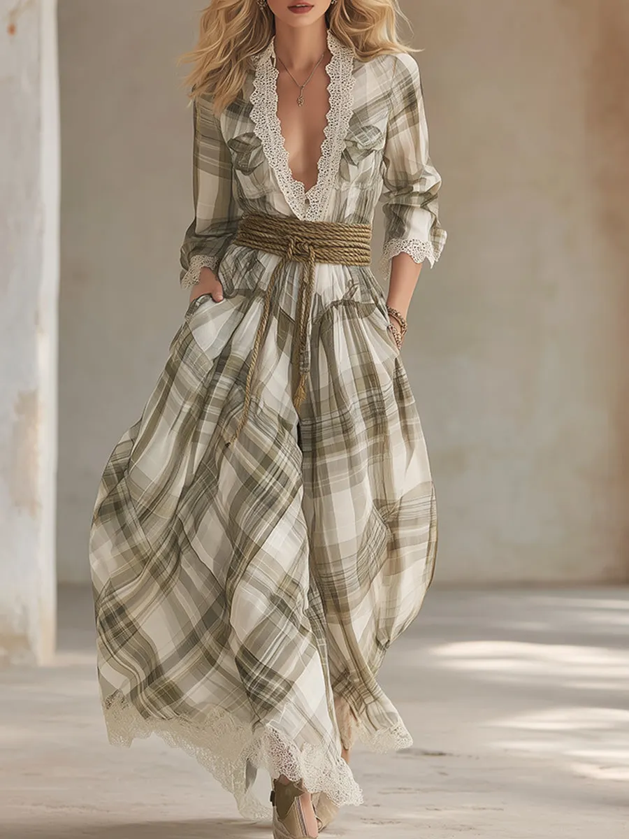 Retro-chic Pastoral Light Green Plaid Lace-trimmed Chiffon Maxi Dress sold by Oyrosy