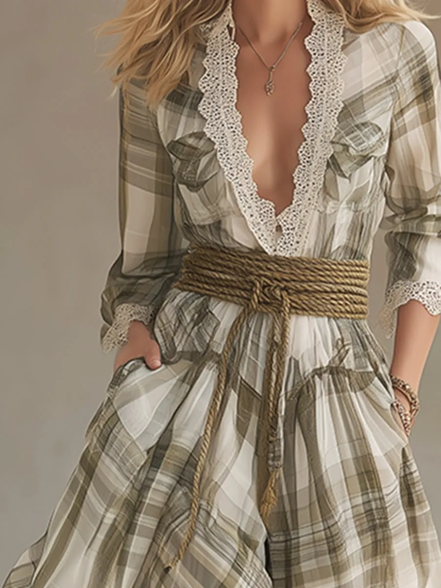 Retro-chic Pastoral Light Green Plaid Lace-trimmed Chiffon Maxi Dress sold by Oyrosy product image thumbnail 3