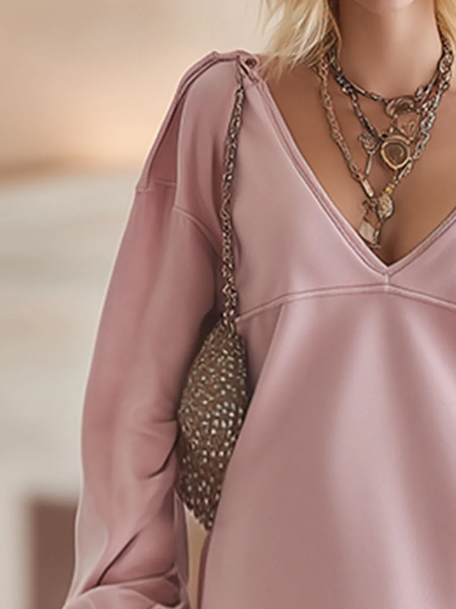 Trendy Urban Sporty V-neck Ruffled Pink Sweatshirt Mini Dress sold by Oyrosy product image thumbnail 3