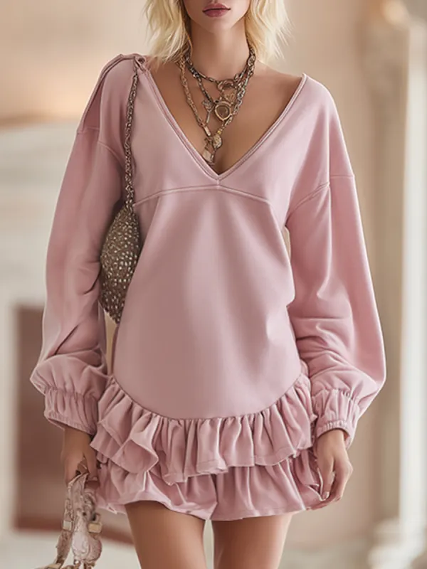 Trendy Urban Sporty V-neck Ruffled Pink Sweatshirt Mini Dress sold by Oyrosy