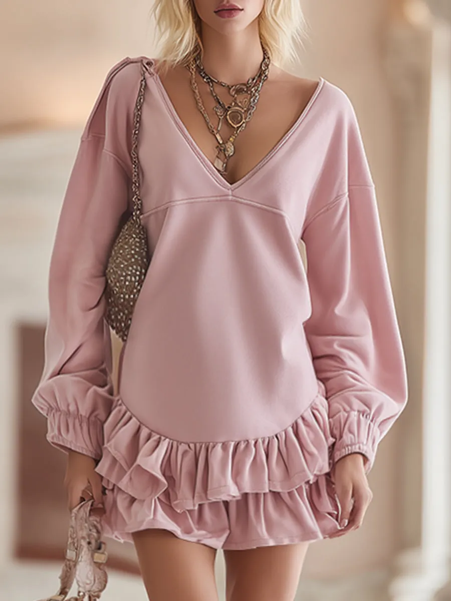 Trendy Urban Sporty V-neck Ruffled Pink Sweatshirt Mini Dress sold by Oyrosy